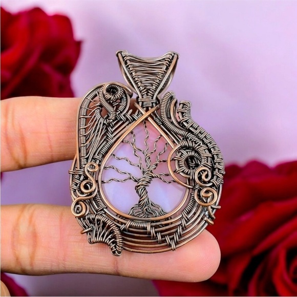Handmade Jewelry - Rose Quartz Pendant Handmade Copper Wire Wrapped Necklace